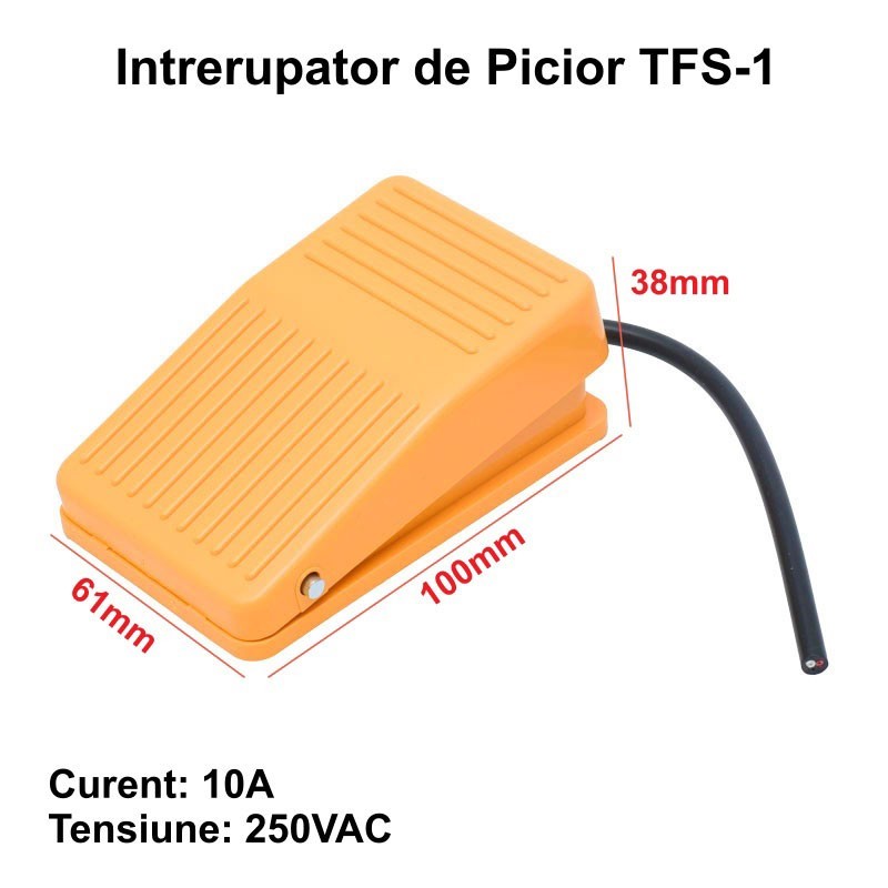 intrerupator de picior pedala 10A 250VAC, carcasa portocalie cu nervuri antiderapante, 100x61x38mm, cablu