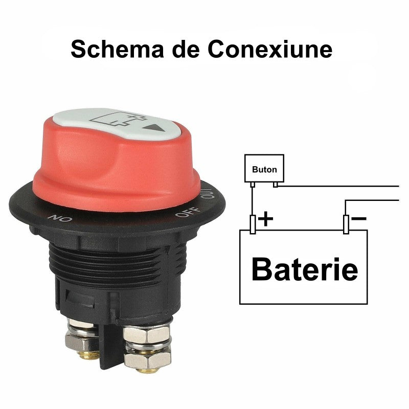Schema de conexiune intrerupator baterie auto, racordare la polul pozitiv