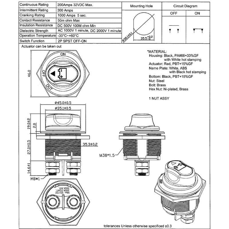 Fisa tehnica intrerupator baterie 200A 32VDC, curent de varf 1000A, temperatura -30 la 60 grade