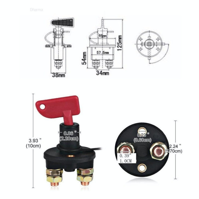 Intrerupator baterie auto 200A cu diagrama dimensiuni 10cm inaltime si borne cupru vizibile