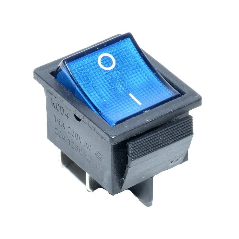 Intrerupator basculant cu LED albastru 16A 250V AC, buton iluminat ON-OFF, 4 contacte, montaj panou 31x25mm