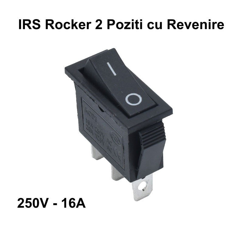 Intrerupator rocker basculant 2 pozitii cu revenire, 16A 250V, 3 contacte, terminal papuc 6.3mm