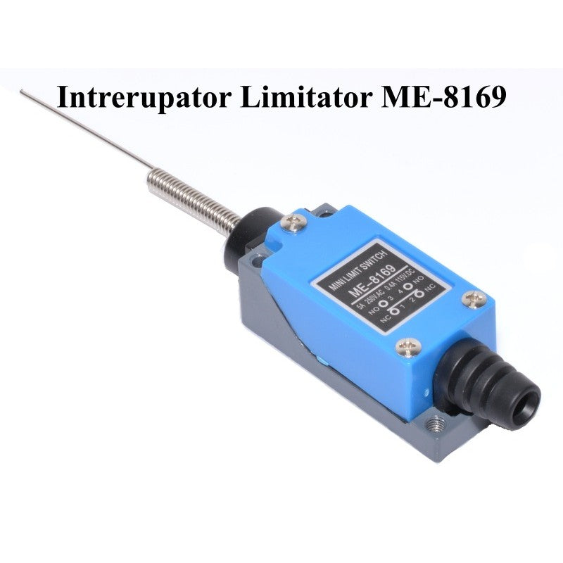 Limitator de cursa 10A 250V AC cu arc spiralat, vedere laterala stanga cu eticheta tehnica vizibila
