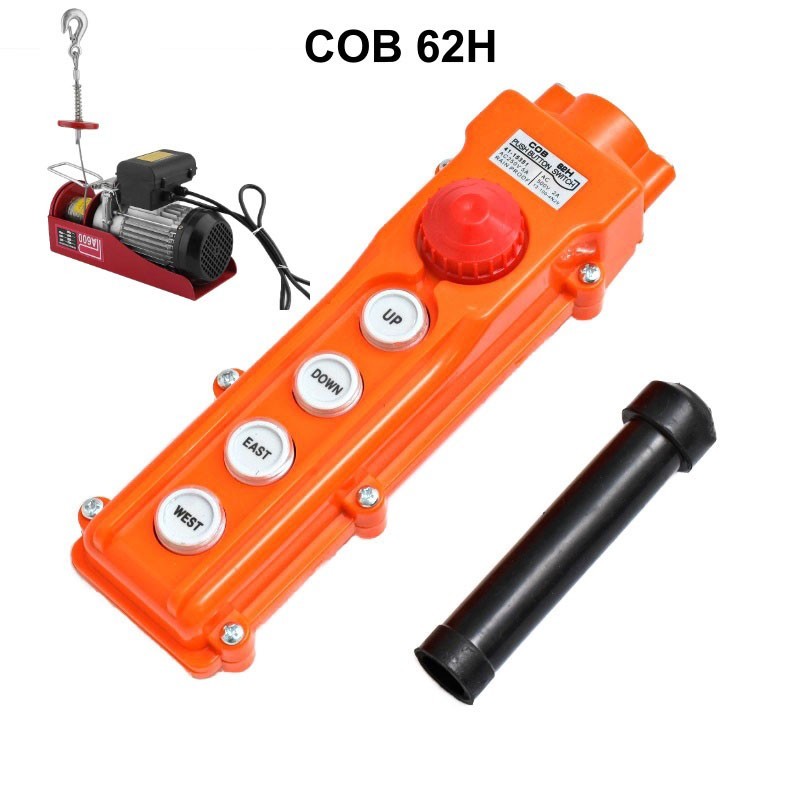 Intrerupator industrial macara 4 butoane directionale IP65 250V 5A, carcasa portocalie cu buton urgenta rosu