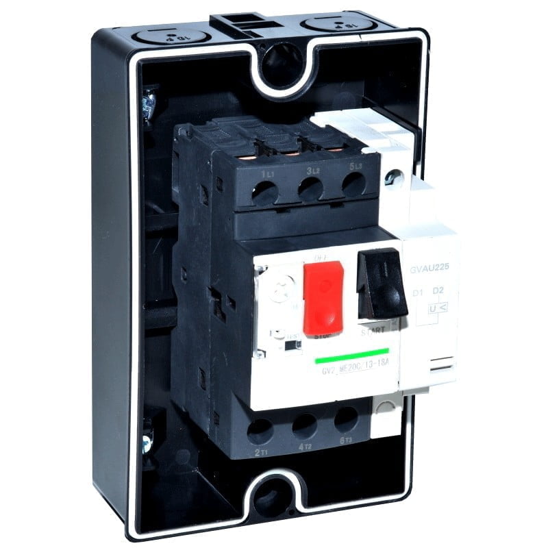 Intrerupator de motor trifazat 13-18A, protectie termica si magnetica, cutie IP55, montat in carcasa neagra