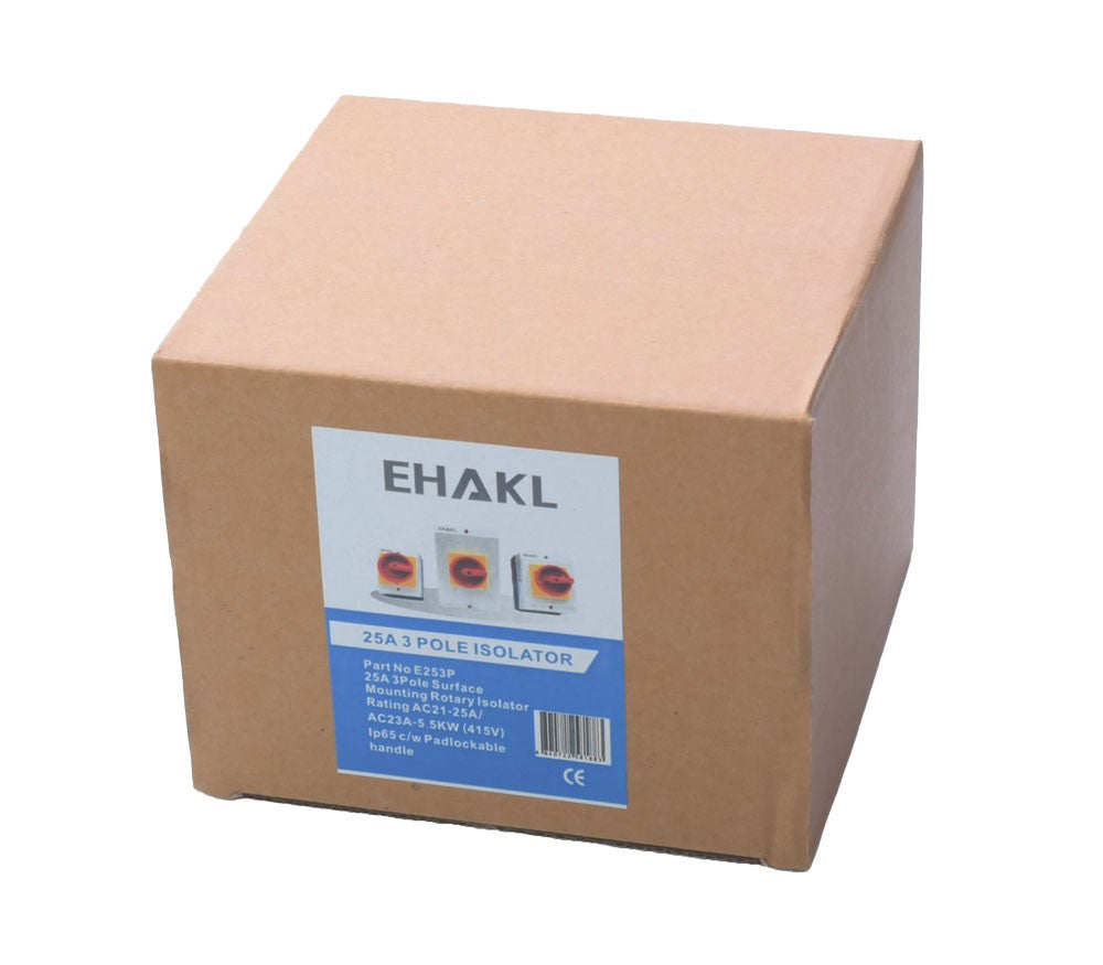 Ambalaj carton intrerupator rotativ 25A 3 poli IP65, eticheta tehnica cu cod produs E253P