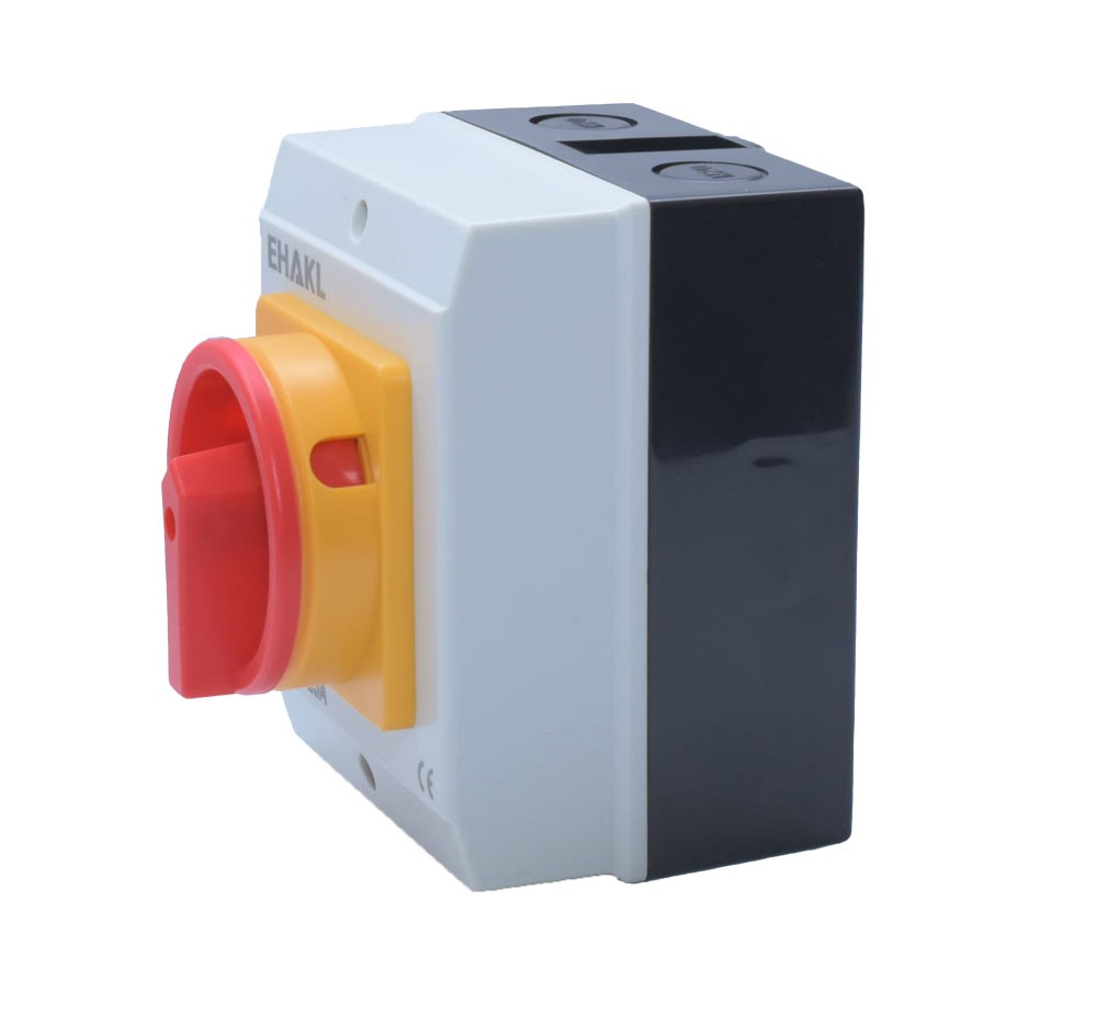 Intrerupator rotativ ON/OFF 25A IP65 tripolar, maner rosu-galben, montaj aparent pe perete