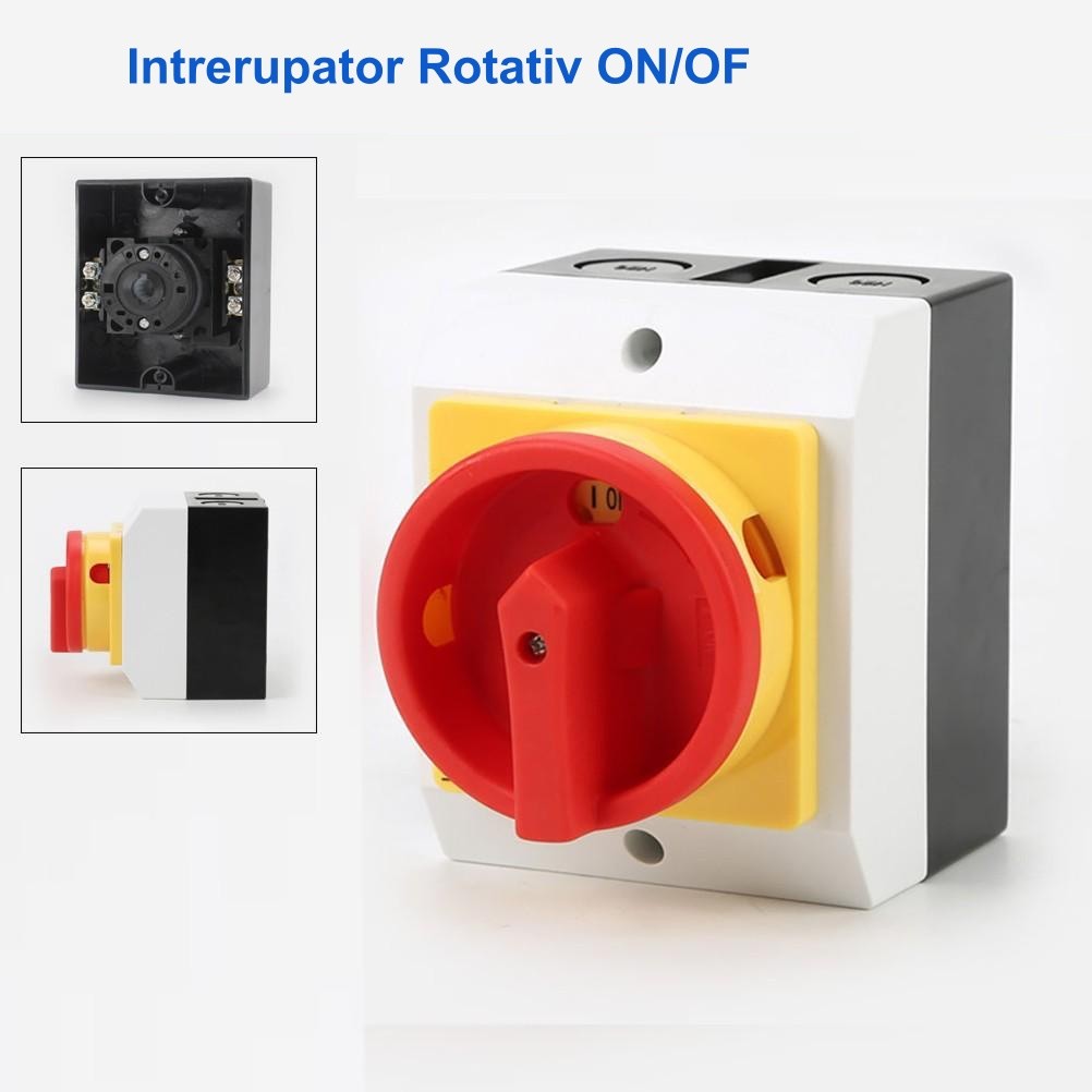 Intrerupator rotativ 25A ON/OFF tripolar, detaliu maner rosu pe fond galben, carcasa industriala