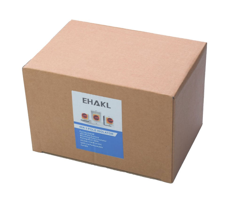 Ambalaj carton intrerupator motor rotativ 3 poli 40A IP65, eticheta cu specificatii tehnice