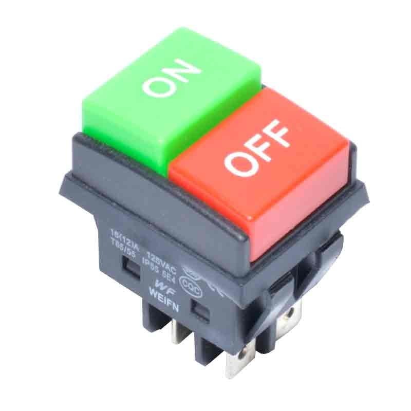 Intrerupator ON/OFF 4 contacte, 16A, 125V-250V AC, IP55, butoane verde si rosu pentru echipamente industriale