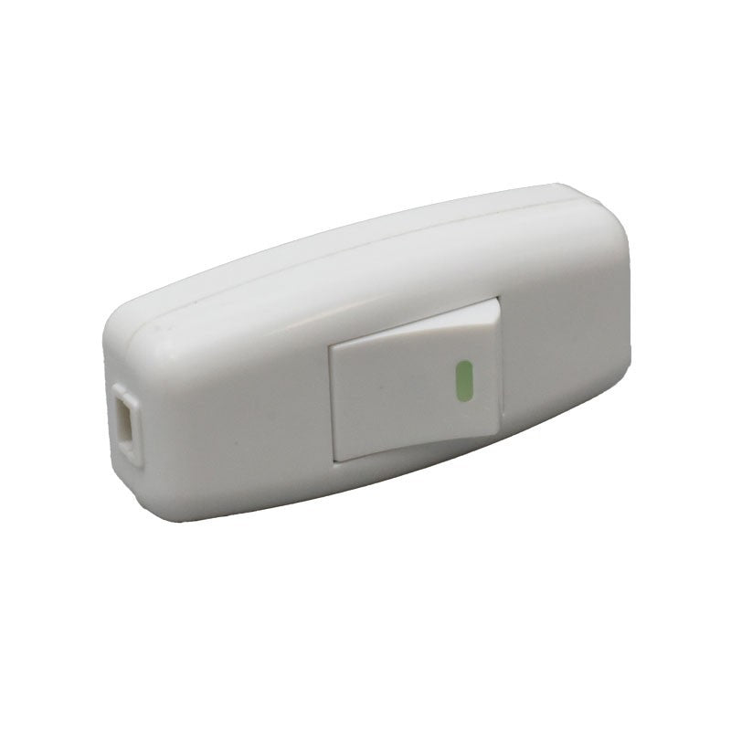 Intrerupator pe fir alb cu buton lateral si indicator LED, intrare cablu vizibila, 250V