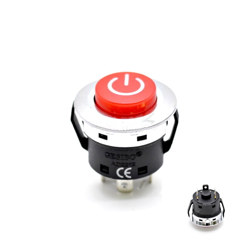 Intrerupator push buton rosu 12V 20A cu LED, montaj panou 22mm, carcasa cromata, simbol power