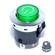 Buton push verde 12V 20A cu LED si simbol power, carcasa metalica cromata, diametru 22mm, 3 papuci faston