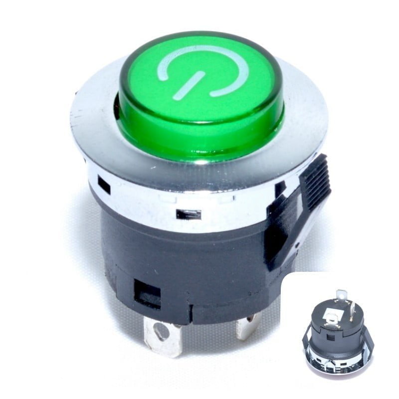 Buton push verde 12V 20A cu LED si simbol power, carcasa metalica cromata, diametru 22mm, 3 papuci faston