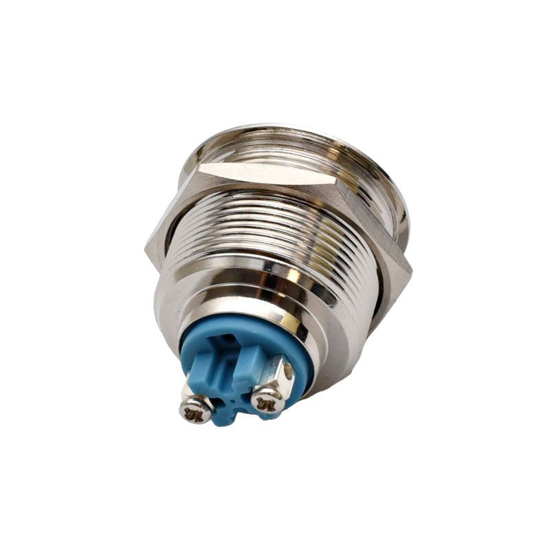 Intrerupator push metalic 22mm - vedere spate cu terminale surub si conector albastru