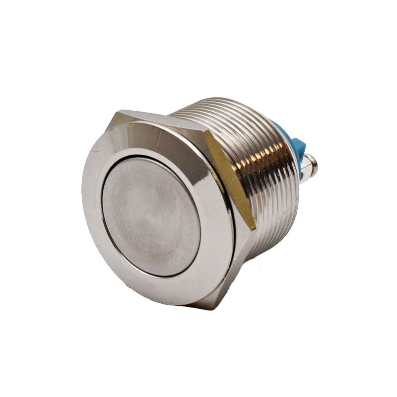 Intrerupator push metalic 22mm - vedere frontala cu buton bombat si filet exterior