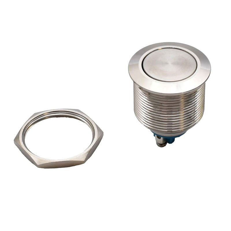 Intrerupator push metalic 22mm - buton inox cu piulita hexagonala de fixare inclusa