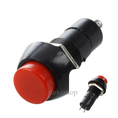 Buton de comanda momentana rosu 220V, vedere laterala cu detaliu capac proeminent