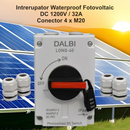 Intrerupator fotovoltaic DC 1200V 32A IP66 cu conector 4xM20, comutator ON/OFF cu blocare lacat
