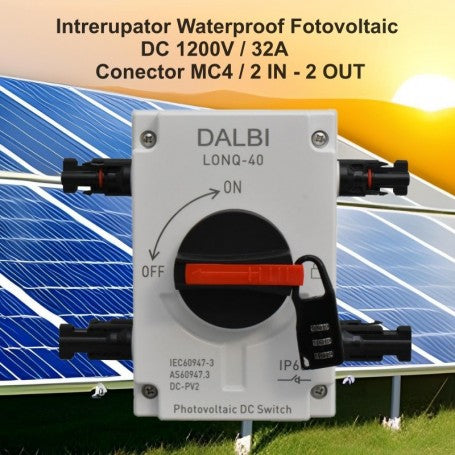 Intrerupator solar DC 1200V 32A cu conectori MC4 montat pe panou, pozitie OFF activa