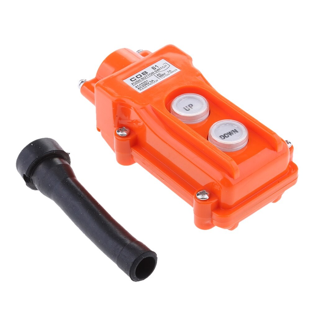 Intrerupator tip macara AC 250V, carcasa portocalie robusta, butoane UP/DOWN, vedere din unghi lateral
