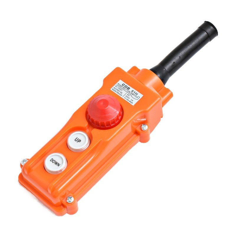 Intrerupator industrial cu butoane UP/DOWN, IP65, vedere din unghi lateral cu maner de suspendare