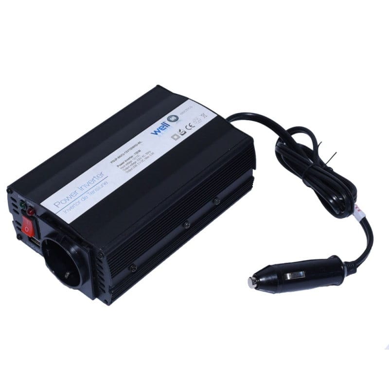 Invertor de tensiune 150W compact, vedere laterala cu priza Schuko, intrerupator si cablu bricheta auto