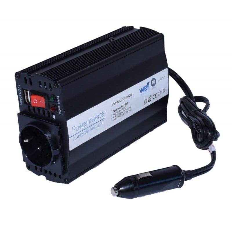 Invertor auto 150W, intrare 12V DC, iesire 220V AC cu priza Schuko si port USB 5V, conectare la bricheta