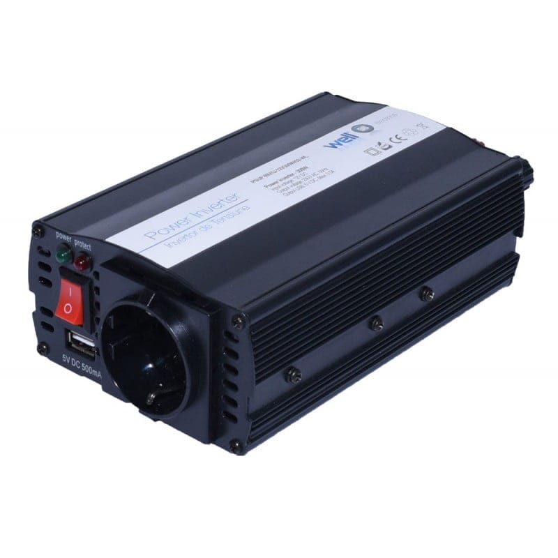 Invertor de tensiune 300W, 12V-220V, vedere frontala cu priza schuko, port USB si butoane de control
