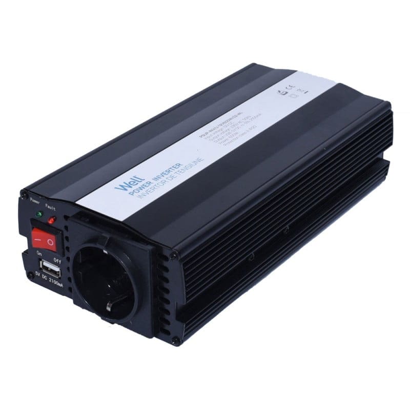 Invertor de tensiune 600W cu priza schuko, port USB si butoane de control pe panoul frontal