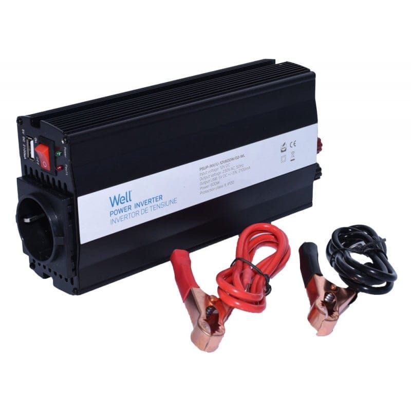 Invertor auto 600W 12V-220V cu port USB 5V, cabluri si clesti inclusi pentru conectare la acumulator