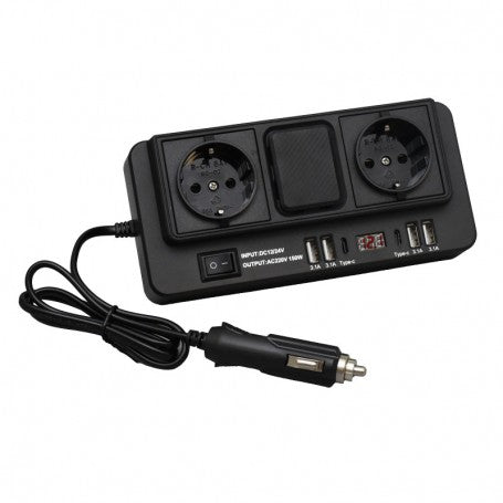 Invertor auto 150W cu mufa bricheta 12/24V, vedere laterala compacta cu prize 220V si porturi USB