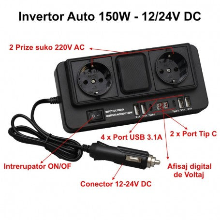 Invertor auto 150W, 12/24V DC la 220V AC, cu 2 prize Schuko, 4 porturi USB 3.1A si 2 Type-C, afisaj voltaj