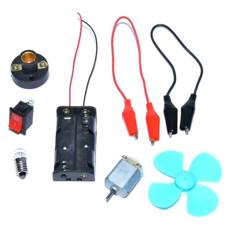 Kit electric scolar 3V cu bec, motor, elice, suport baterii AA, intrerupator si cabluri crocodil