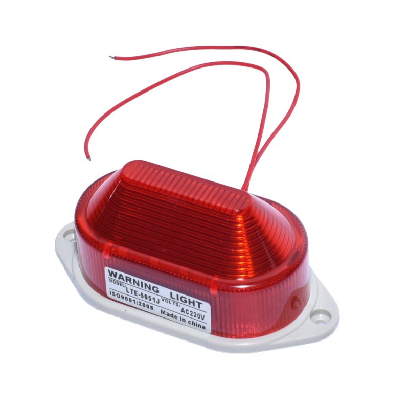 Lampa de avertizare rosie 220V, vedere laterala cu baza de montaj si cabluri de alimentare
