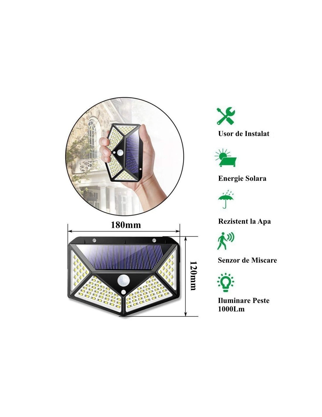lampa solara de perete 180x120mm, peste 1000 lumeni, rezistenta la apa, usor de instalat