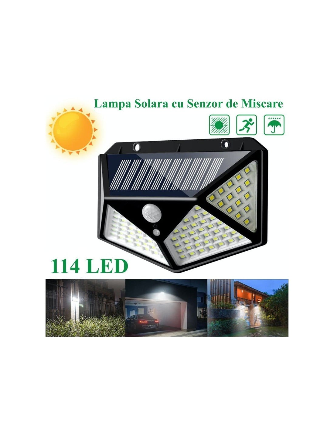 lampa solara 114 LED cu senzor PIR, aplicatii exterioare: alee, garaj, fatada casa