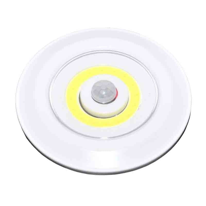 Lampa LED COB rotunda cu senzor PIR integrat, alimentata cu baterii, lumina alba, design compact