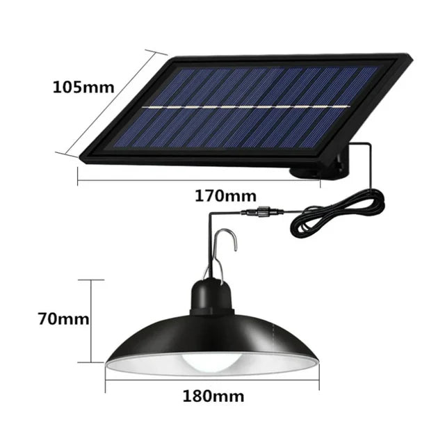 Candelabru solar suspendat cu dimensiuni: panou 170x105mm, corp 180mm diametru, 70mm inaltime