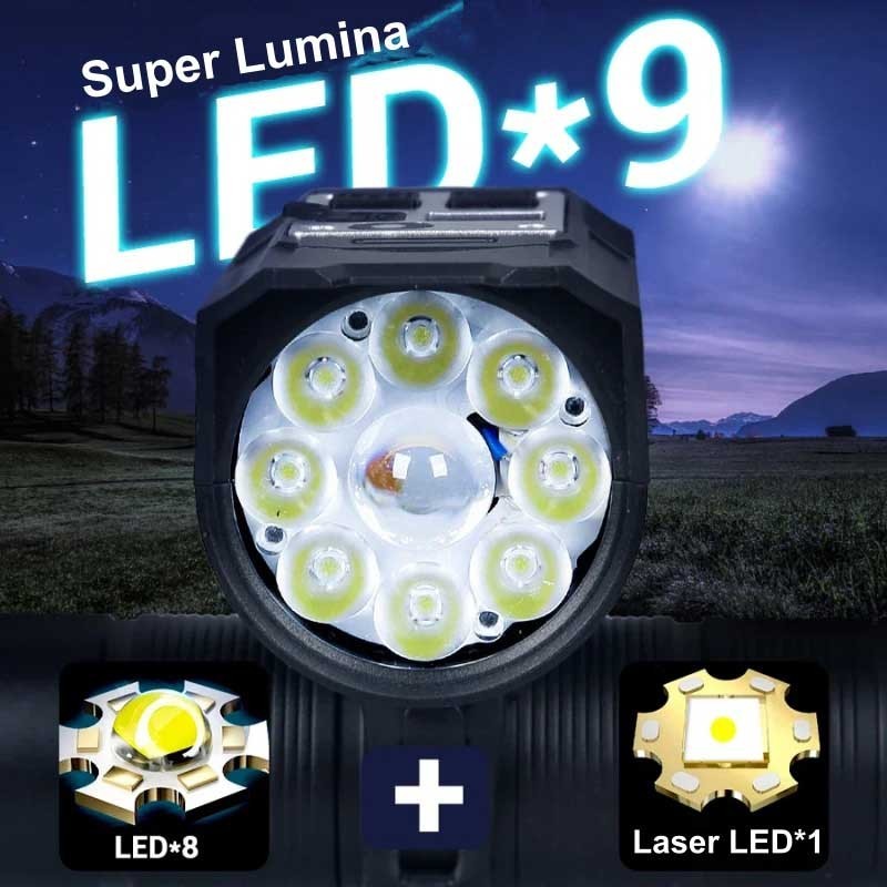 Lanterna bicicleta cu 8 LED SMD si 1 Laser LED, configuratie 9 surse lumina vizibila frontal