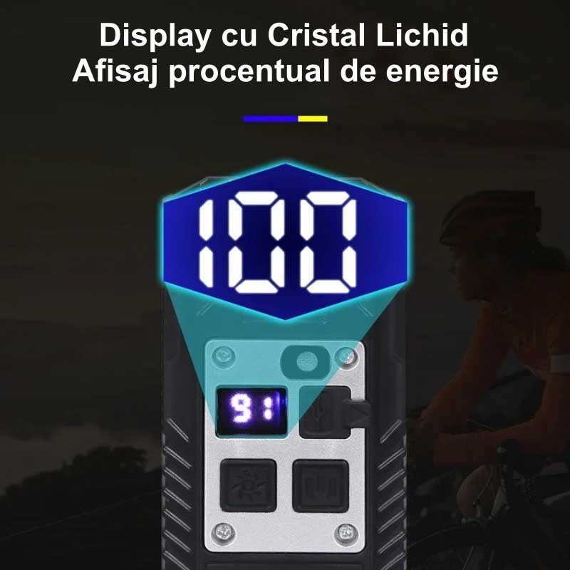 Lanterna bicicleta cu display LCD nivel baterie procentual in timp real, incarcare USB-C 1800mAh