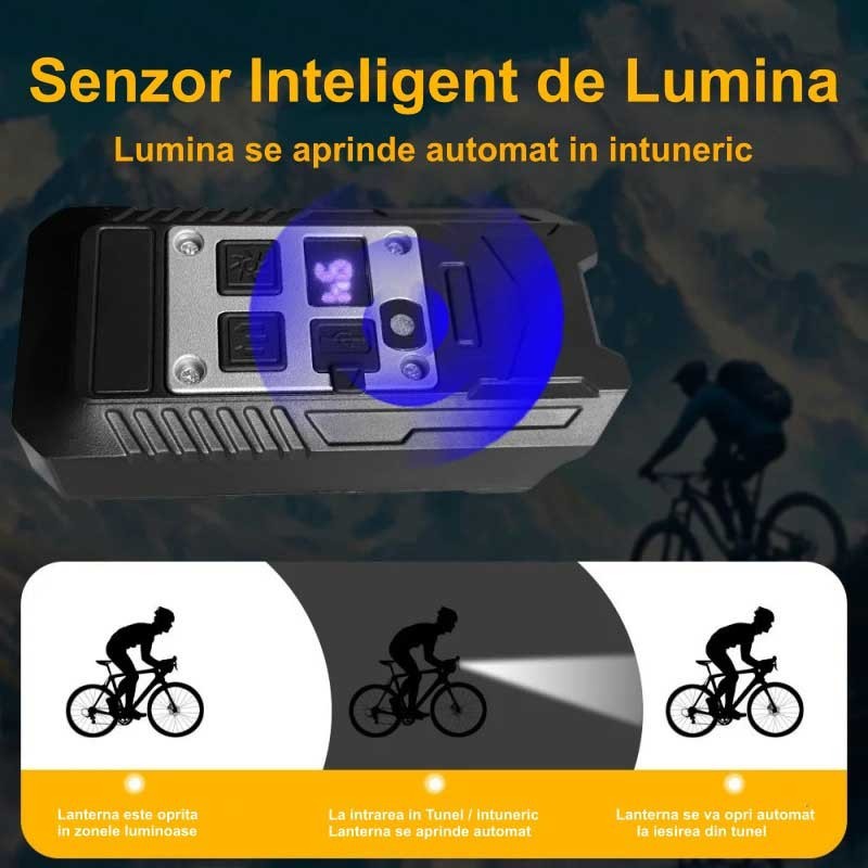 Lanterna bicicleta cu senzor inteligent de lumina, pornire automata la intuneric si in tuneluri
