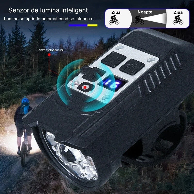 Lanterna bicicleta cu senzor fotosensibil si display LCD, activare automata noaptea pe traseu