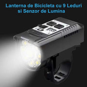 Lanterna bicicleta 9 LED cu senzor lumina, 900 lumeni, montaj ghidon, fascicul puternic in intuneric