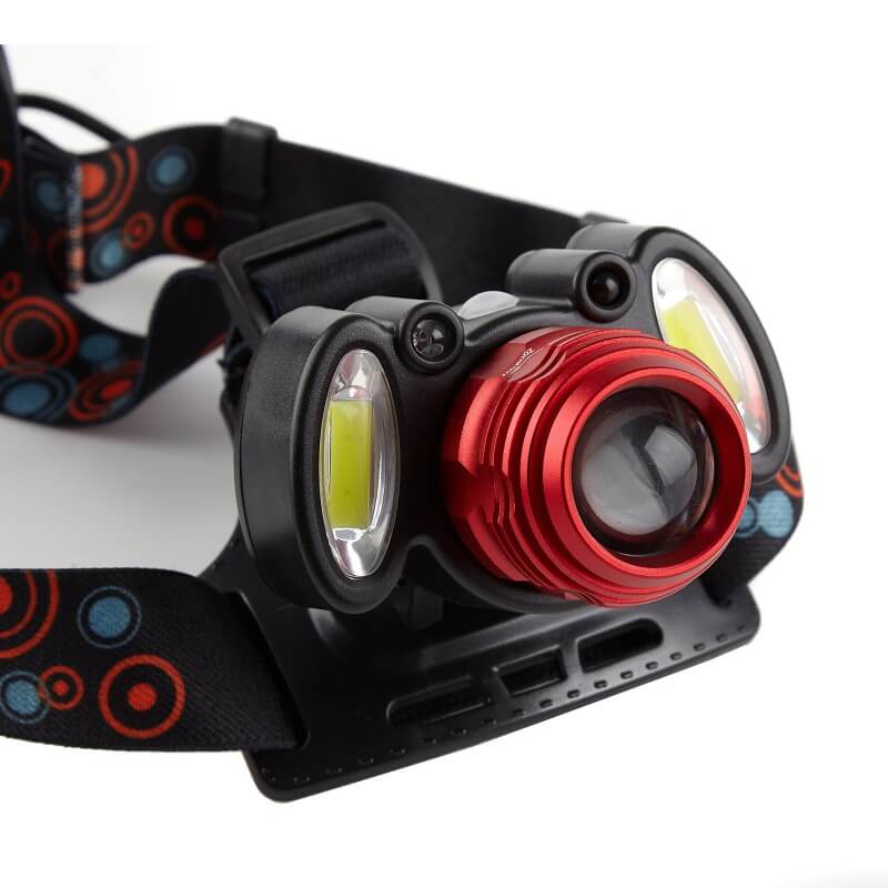 Lanterna de cap cu lentila zoom rosie T6 si module COB laterale, detaliu frontal