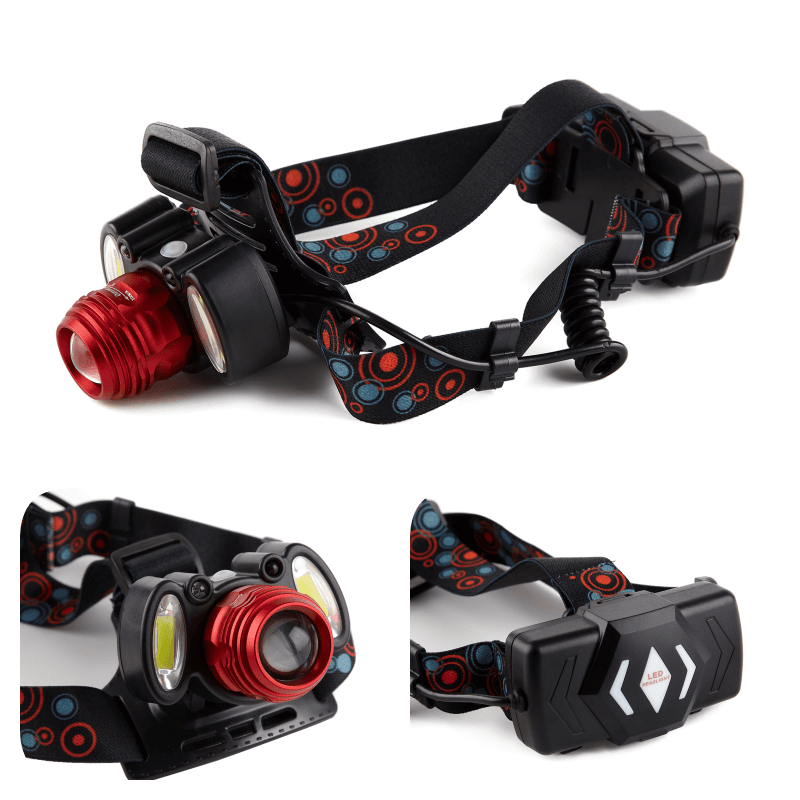 Lanterna frontala LED T6 zoom reglabil si 2xCOB, rezistenta la stropi IPX4, banda elastica reglabila