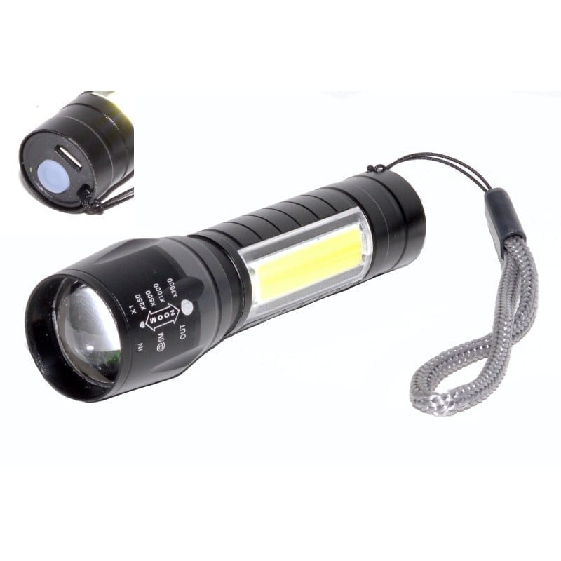 Lanterna LED reincarcabila 5W cu zoom si COB lateral, protectie IPX6, raza 200m, corp aluminiu compact