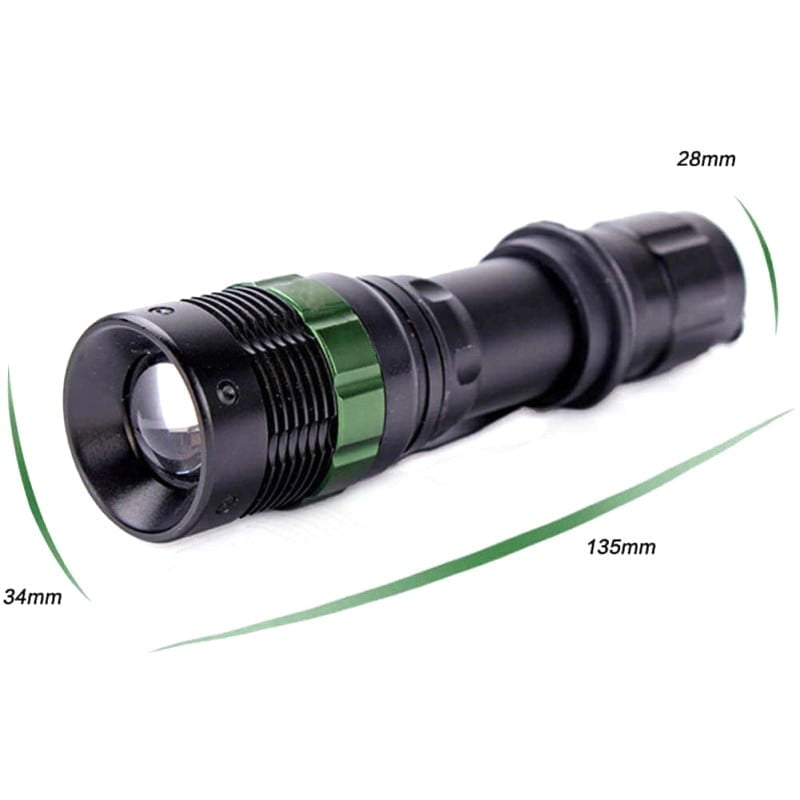 Lanterna LED zoom 135mm cu corp metalic negru, inel verde reglabil si dimensiuni 34mm diametru, alimentare 220V-12V