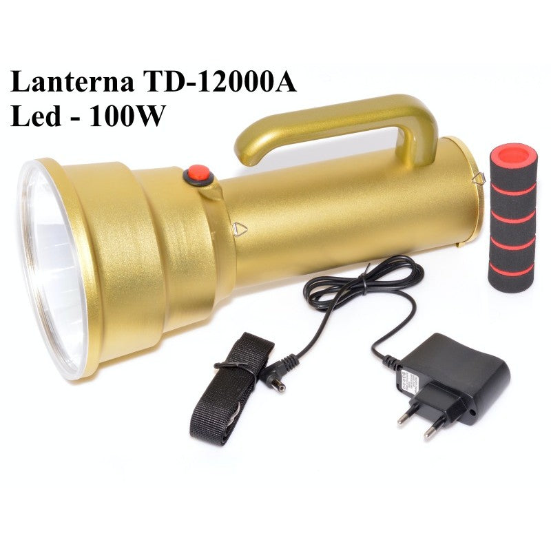 Lanterna LED portabila 100W cu accesorii incluse: incarcator retea, curea transport si baterie