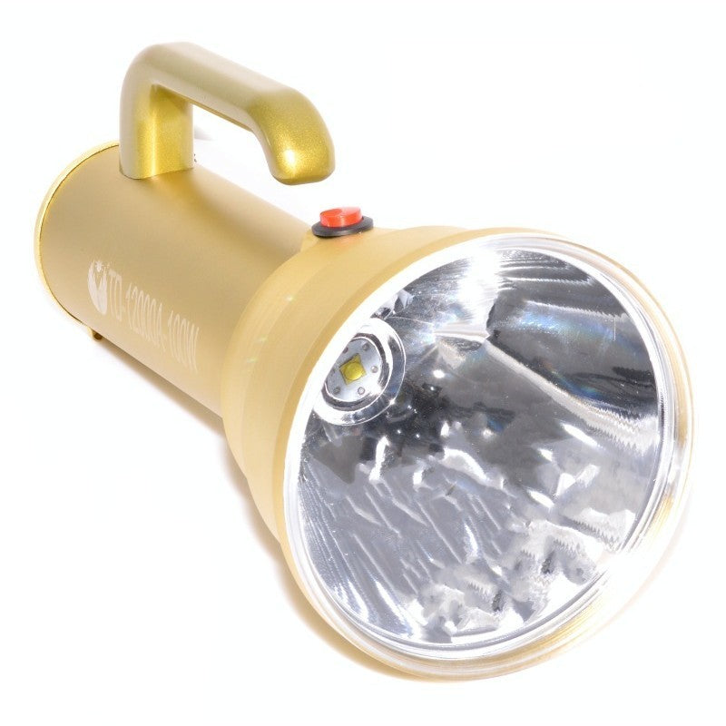 Lanterna LED portabila 100W cu acumulator 4000mAh, corp aluminiu auriu, reflector larg, buton rosu on/off